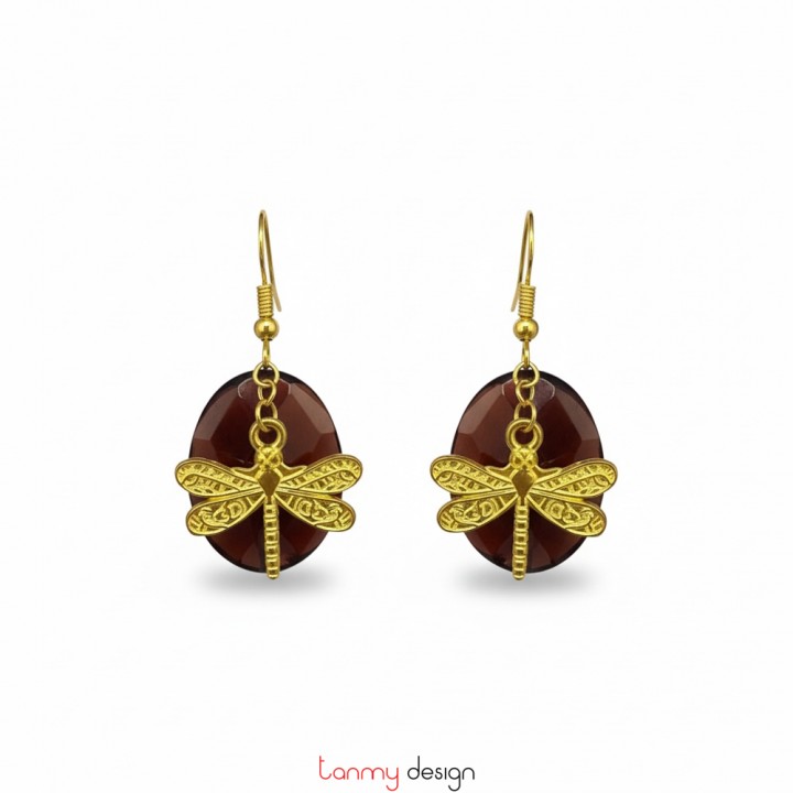 Pink and purple agate earrings accented with gold metal dragonfly